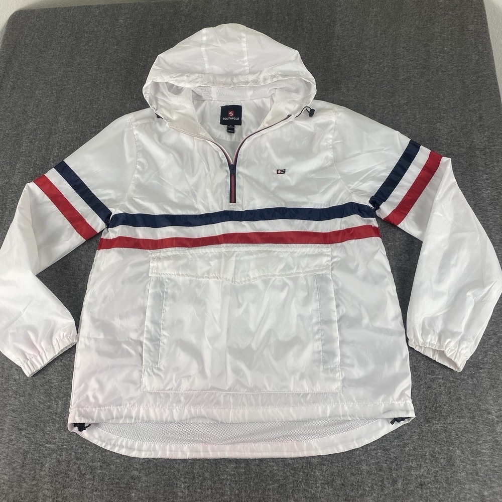 Southpole Windbreaker Jacket Mens L White Pullover Hooded Striped
